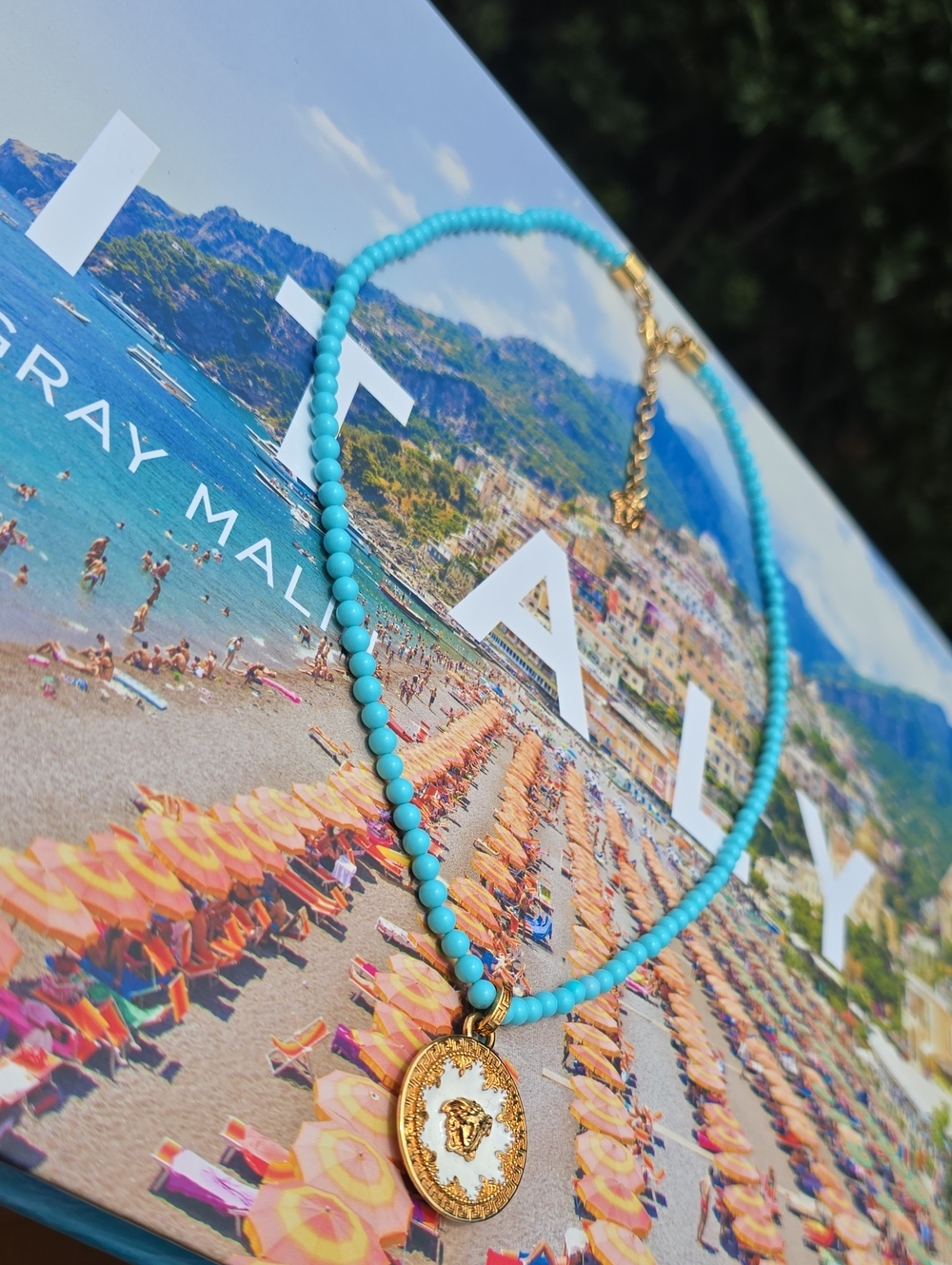 Versace Turquoise Beaded Necklace with Gold Medallion - Picture 4 of 8